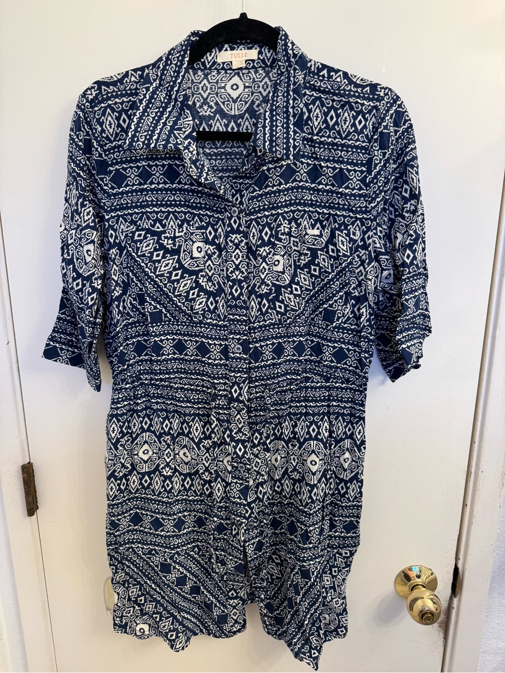 Tulle Navy and White Printed Button-Up Tunic